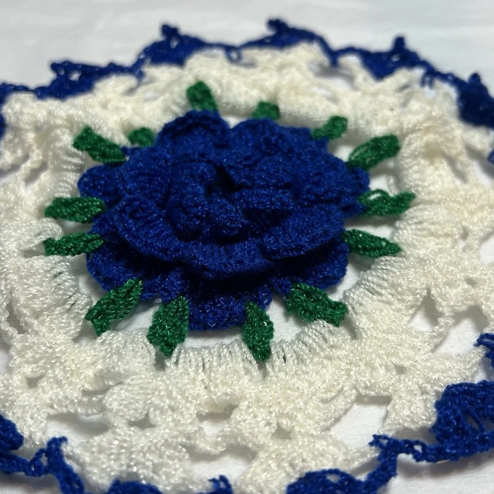 2 hand crochet matching‎ doilies white Blue Green Handmade Vintage Granny Chic